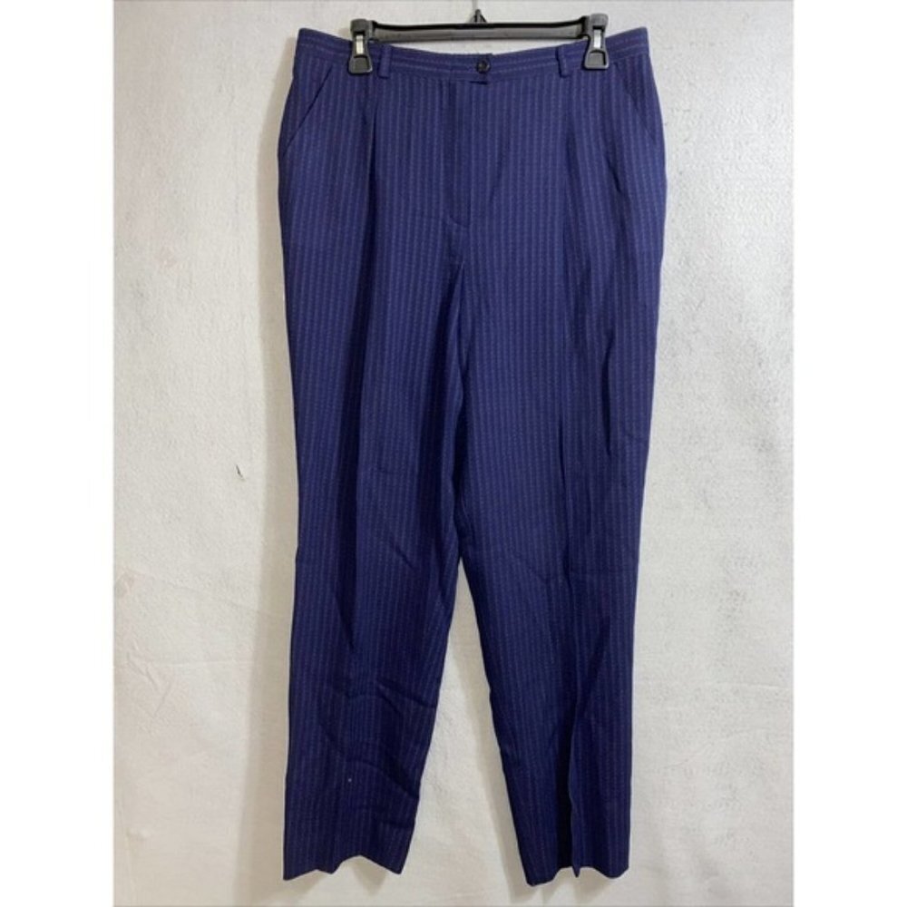 Escada Margaretha Ley Women Blue Taper Pleaded Stripe Wool Blend Dress Pants 44‎